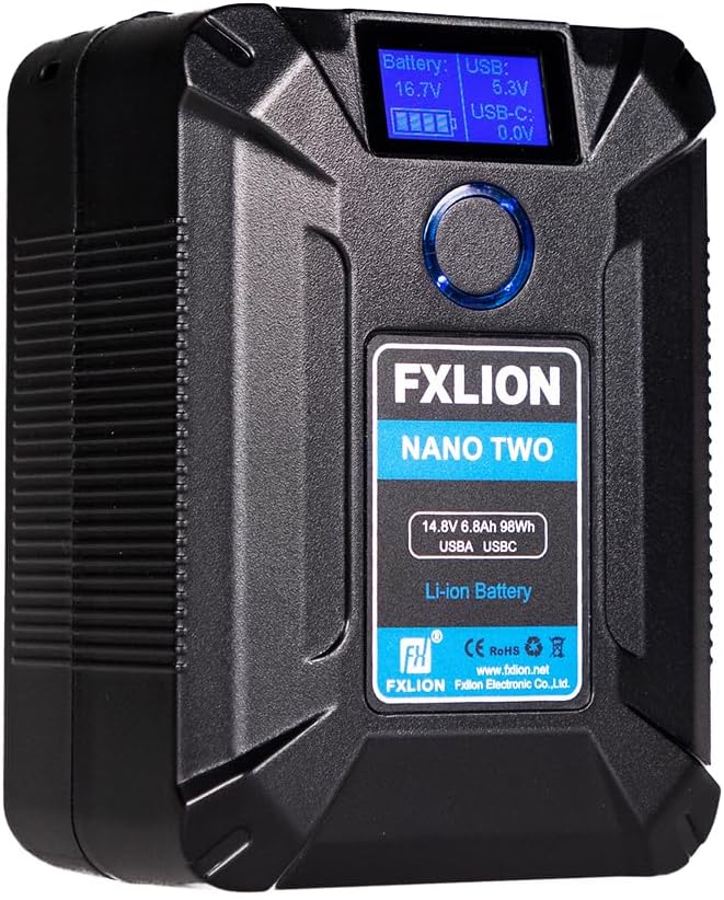 FXLION Nano Two V Mount Battery,98Wh 14.8V 6800mAh Rechargeable Portable V Lock Battery with LCD Screen,D-Tap,USB-A,USB-C Ports for Camcorder/Monitor/Camera/DSLR/Smartphone/Laptop