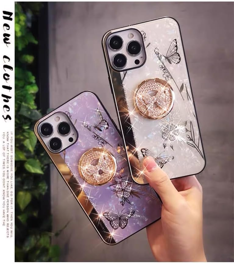 Miniatura 7 de AmazFCCY Funda con función atril para iPhone 15 Pro Max de 6.7 pulgadas, bonita mariposa 3D con diamantes de imitación de lujo con purpurina