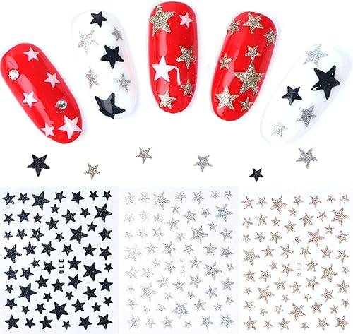 Miniatura 5 de Calcomanías adhesivas para arte de uñas, 10 hojas de decoración de uñas autoadhesivas 3D con estrellas brillantes con purpurina para decoración de