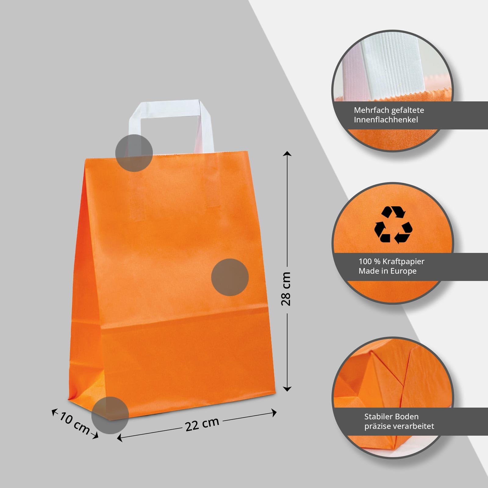 Papiertüten orange mit Flach-Henkel I 250 Stk. 22+10x28cm I Papiertragetasche für Einzelhandel, Weihnachten, Mitbringsel, TO-GO I Geschenktüten aus Kraftpapier I HUTNER