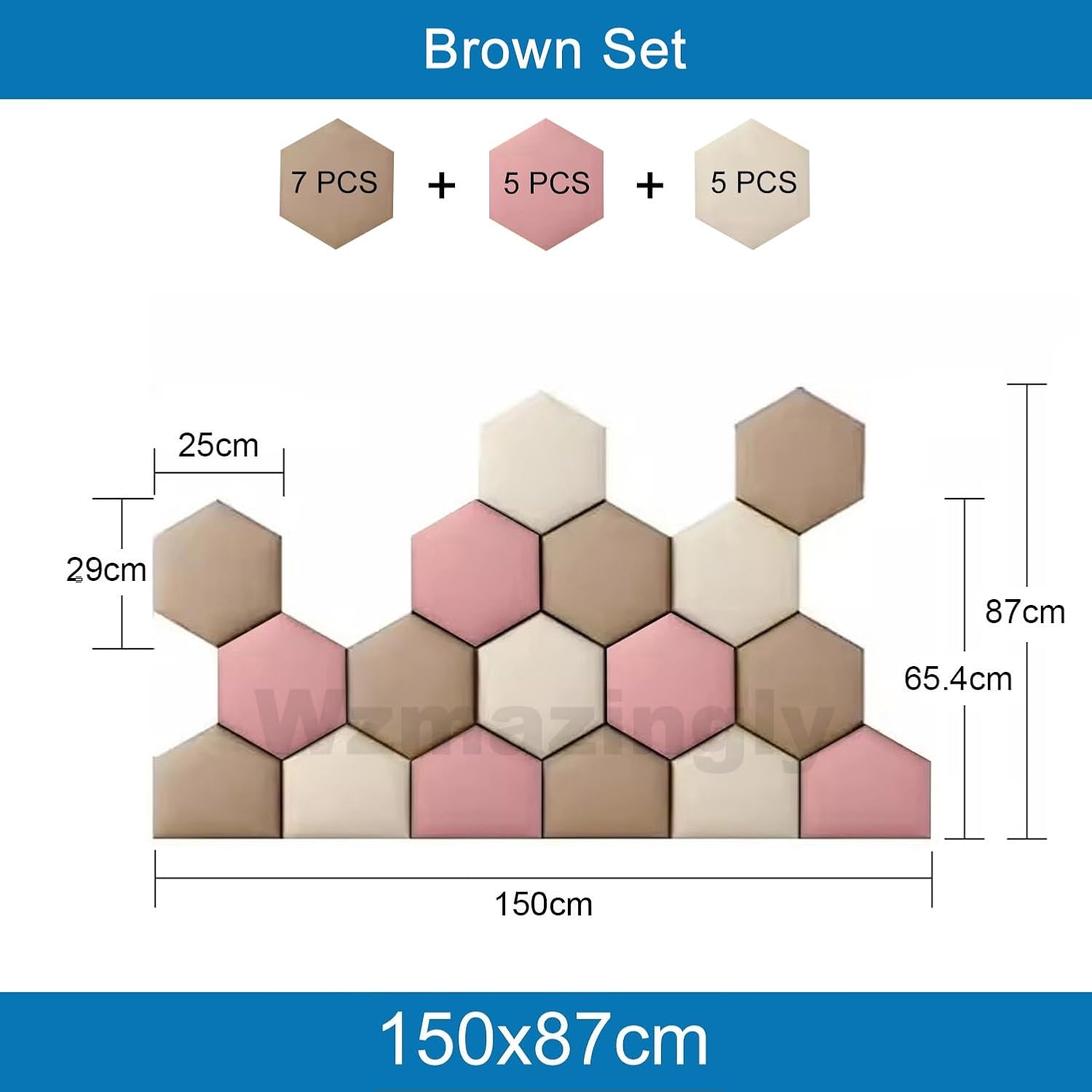 Hexagonal Wall Padding Set of 17-3D Fabric Anti-Collision Wall Panels, Self-Adhesive Upholstered Headboard Decor, Brown (150x87cm) - Perfect for Kids' Rooms and Play Areas