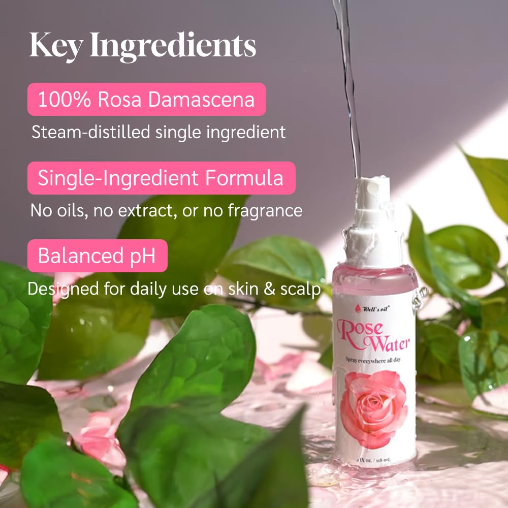 Well's Oil Rosewater Face & Hair Mist Spray (4 fl oz / 118 mL) | Floral Rosewater Hydrosol | Alcohol-Free - Image 3