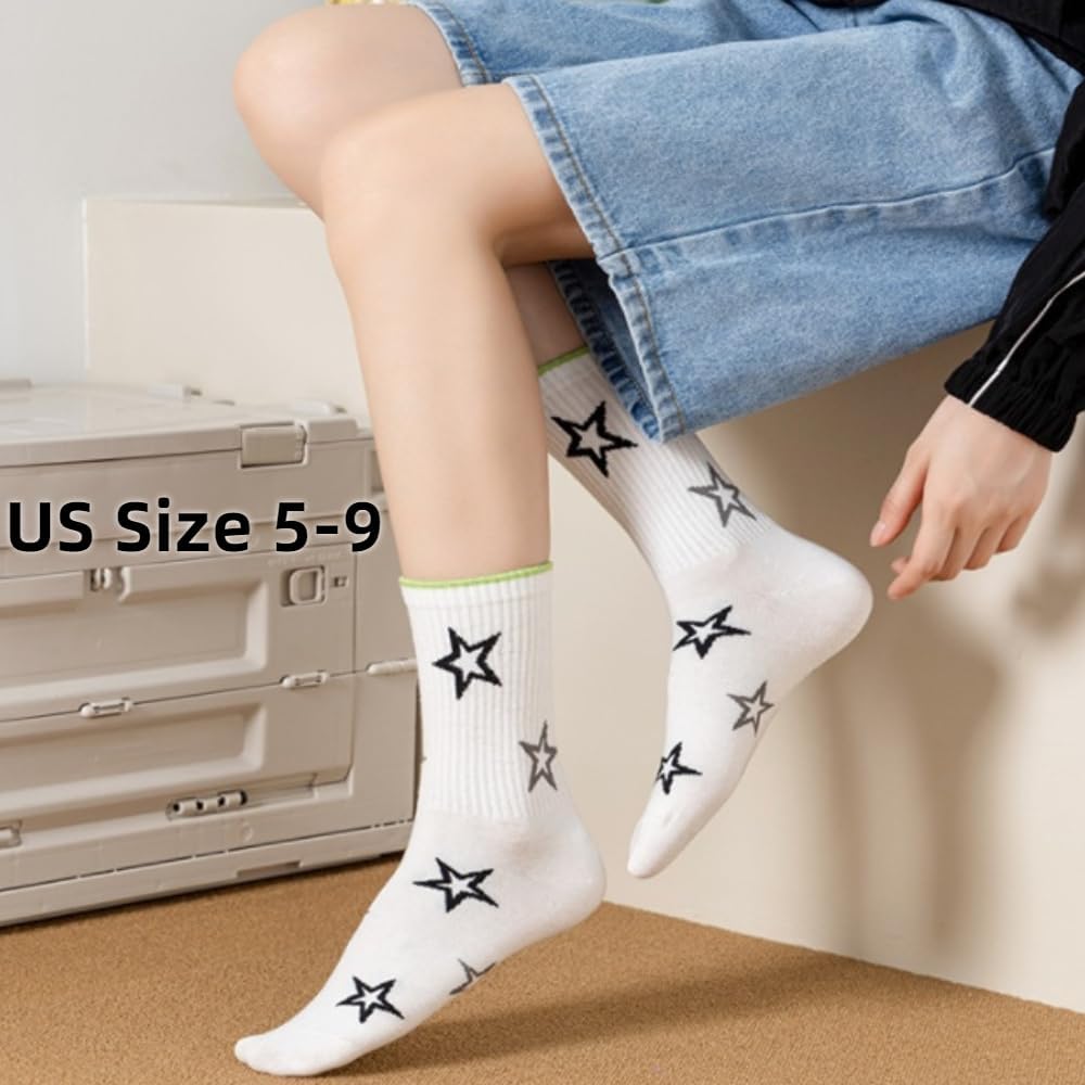 Star Socks 5-Pairs Cute White Black Colorful Star Women’s Soft Cotton Rib Mid-Calf Socks - Image 7