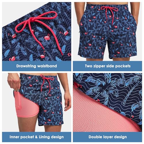 Image of Mens Swim Trunks Compression Liner No Mesh Swimming Trunks Men Swimwear Quick Dry Above Knee Zipper Pocket Swim Shorts