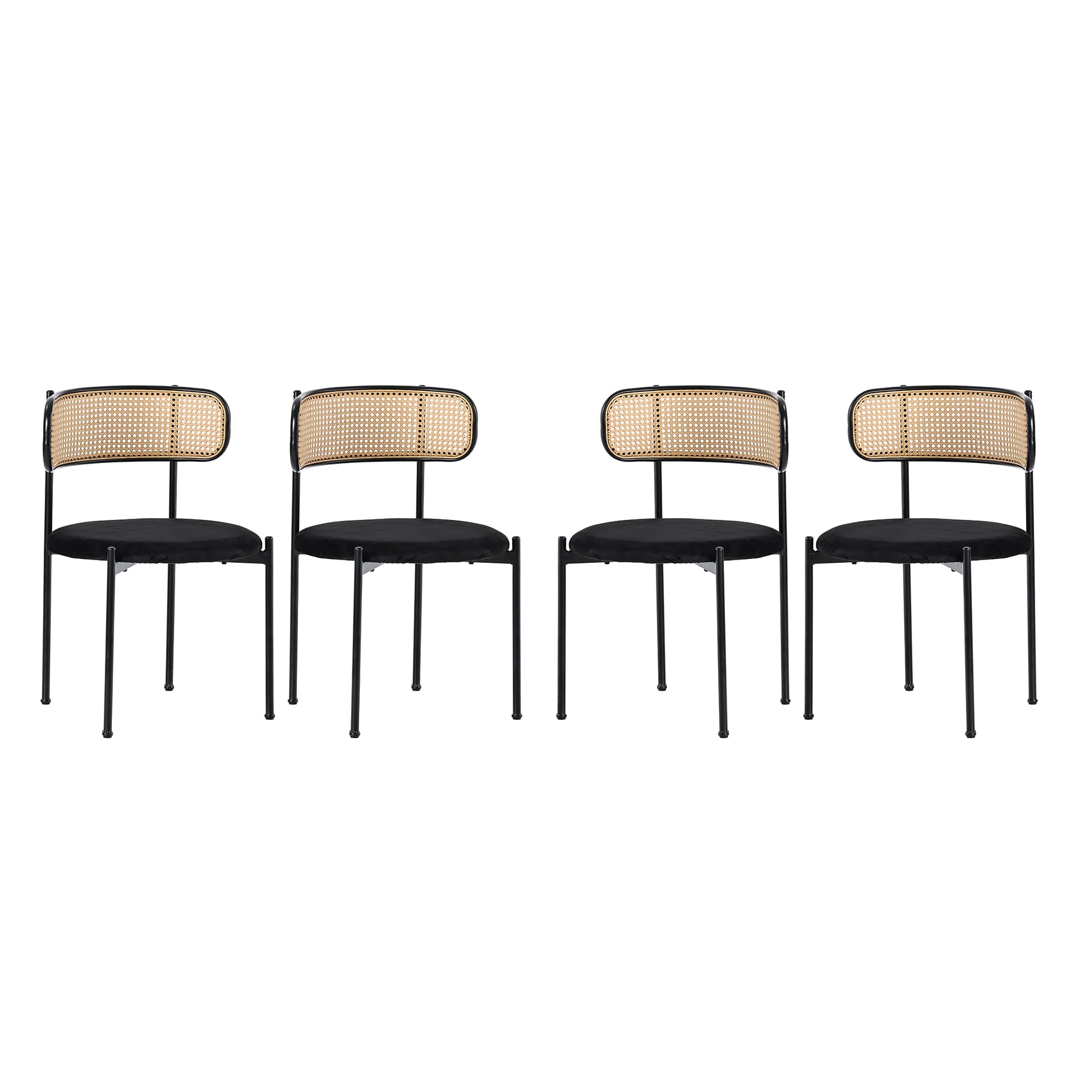 Merax Set di 4 sedie da cucina moderne con schienale in rattan, sedie da pranzo con quattro gambe di supporto in metallo, velluto, nero