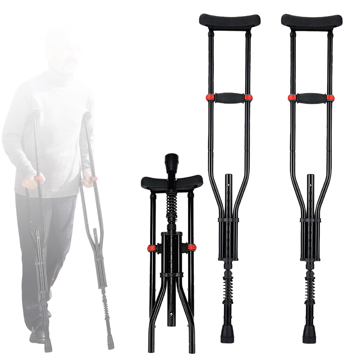 1 Par de Muletas Axilares, Soporte de Antebrazo, Altura Regulable, 150KG Capacidad de Carga, Ligeras en Aluminio Universales con Apoyos Blandos para Hombres Adultos & Rehabilitación