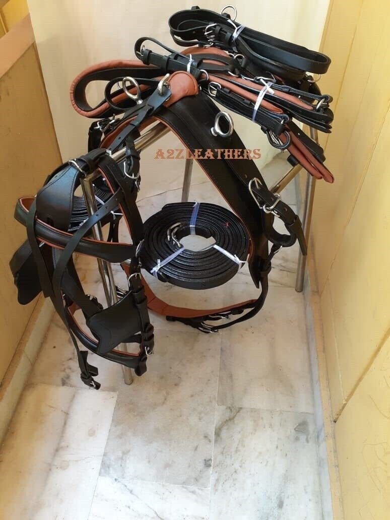 Imbracatura di guida in pelle nera e marrone chiaro per carrello singolo cavallo in 4 dimensioni (Shetland)