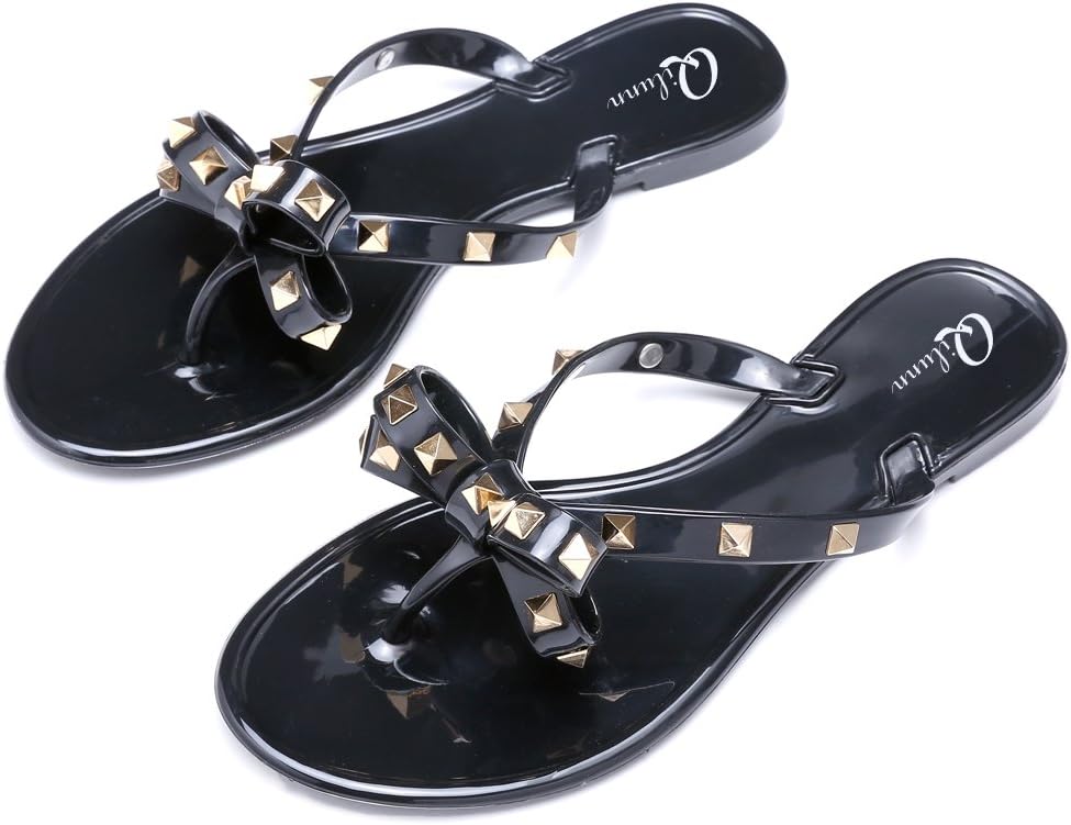 Women Studded Bow Flip Flops Jelly Thong Sandals Rubber Flat Summer Beach Rain Shoes