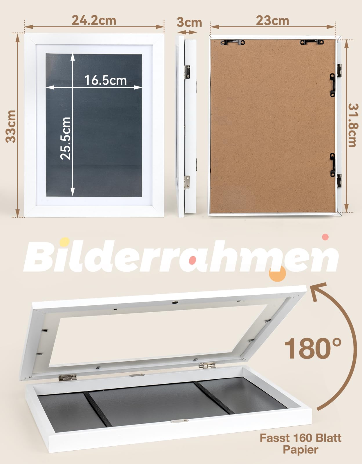 Cadre photo A4 bois épais 25x34x4 cm Blanc rabat interchangeable