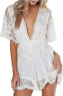 Women's Embroidery Deep V Neck Short Sleeve Lace Romper Mini Dress