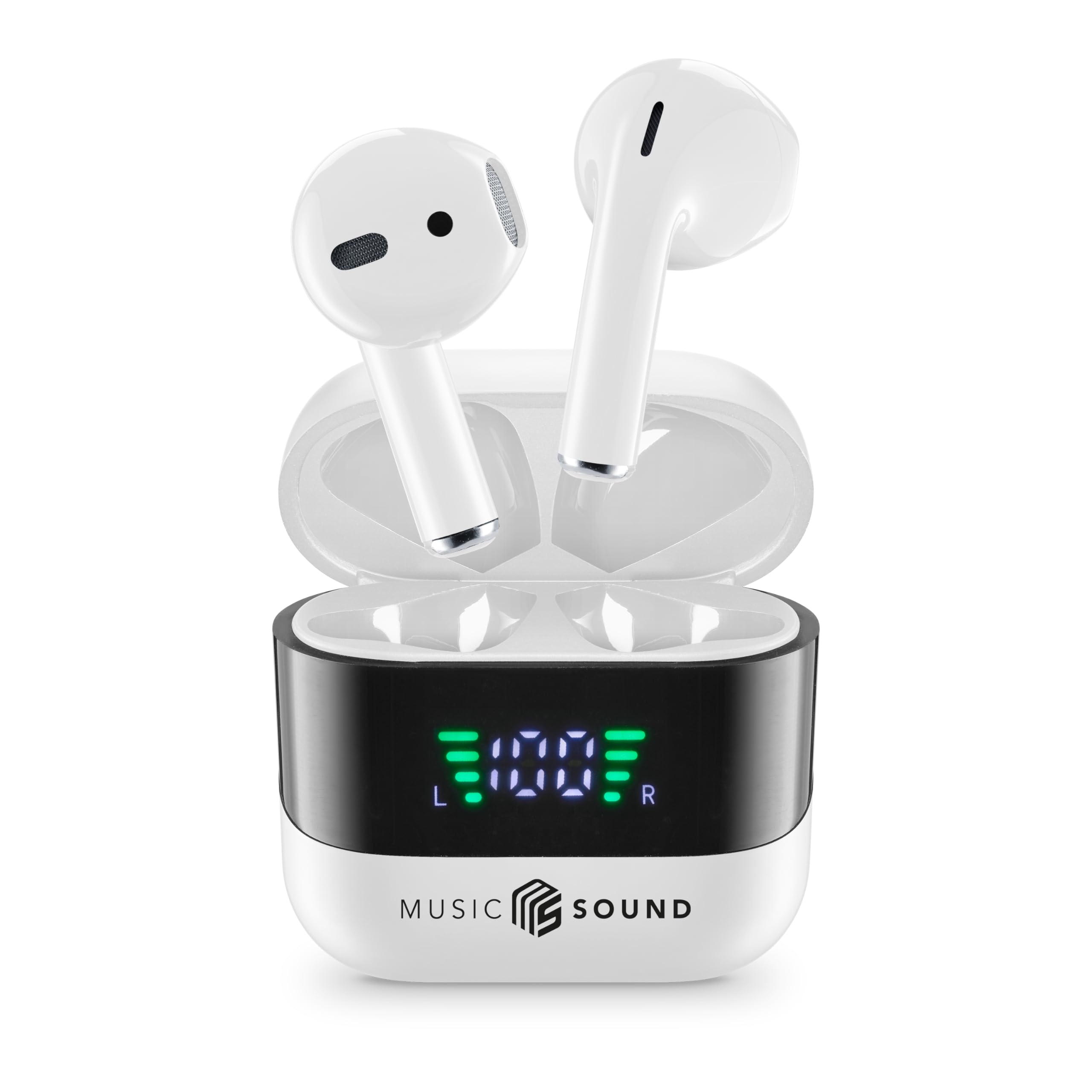 Music Sound, SPARK TWS Earphones, Bluetooth, Wireless, LED Display, Play Time 30 Hours, Automatic Pairing, Touch Controls On Earphones, White