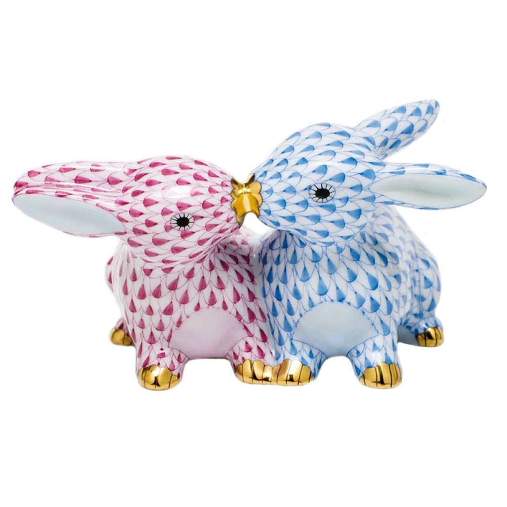 Buy Herend Kissing Bunnies Porcelain Figurine Blue and Raspberry
