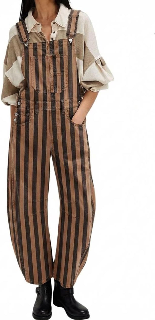 utcoco Women's Y2k Baggy Barrel Jeans Overalls Wide Leg Striped Denim Jumpsuit Stretch Bib Coveralls
