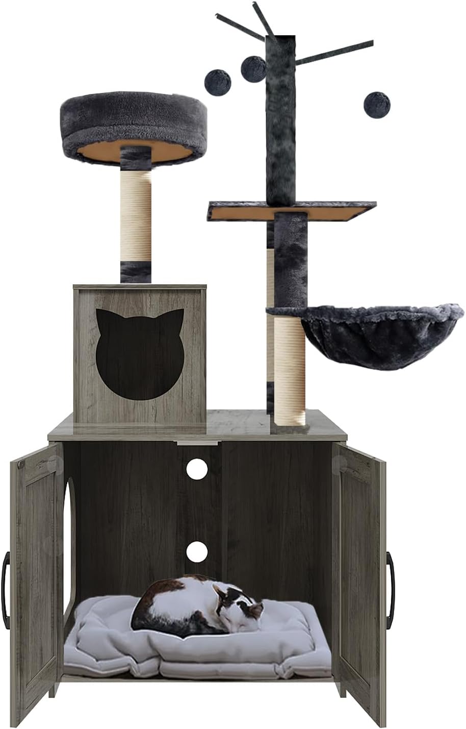 Cat Tree with Litter Box, Wood Litter Box Enclosure with Food Station, Modern Cat Tower for Indoor Large Cats with Large Platform,Cat Condo with Scratching Posts, Hammock, Caves, Basket,Grey