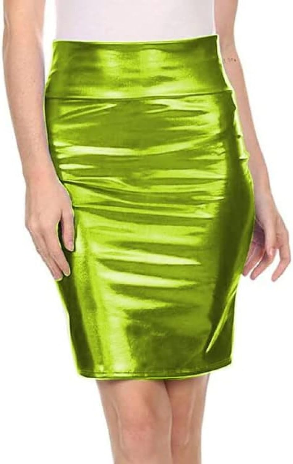 女性フェイクレザー PU ソリッドペンシルミニスカートミッドウエストスリムショートメタリックスタイルスコートセクシーなスカート,緑,