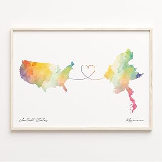 US to Myanmar Print, Watercolor Map Poster, Burmese US Wall Art, Overseas Love