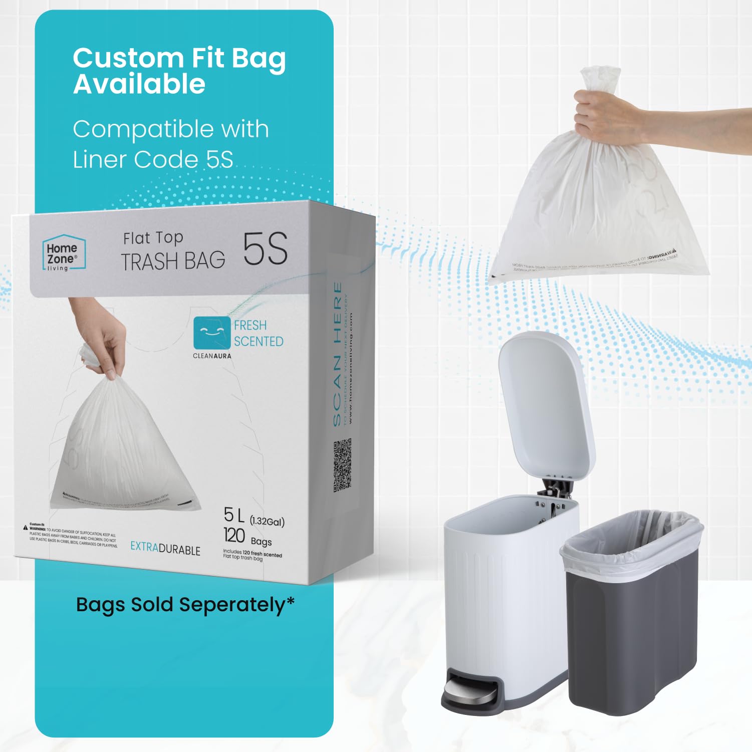 Home Zone Living Kleiner Badezimmer-Mülleimer mit Deckel, mattweißer Edelstahl-Mülleimer mit schlanker, schmaler Form und herausnehmbarem Einsatz, Trittpedal, 5 Liter