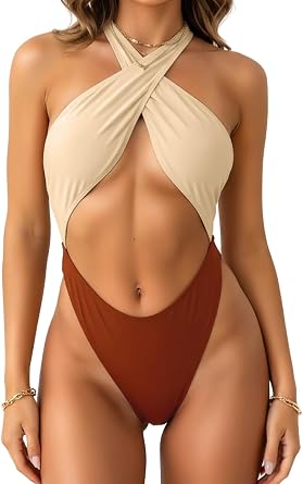 Kaei&Shi Womens Color Block Cutout One Piece Swimsuit,Thong Monokini