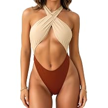 Kaei&Shi Sexy Color Block One Piece Swimsuit,Cut Out Thong Monokini Swimsuits,High Cut Bathing Suit