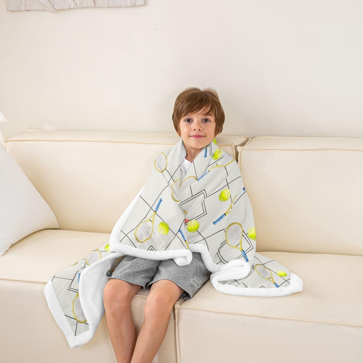 Castle Fairy Tennis Sports Throw Blankets,Checkered Lines Fleece Blanket,Modern Ball Gaming Theme Kids Girls Boys Adult Blankets,Grey Sherpa Blanket Chair Sofa Bed Decor,40"×50" image 4