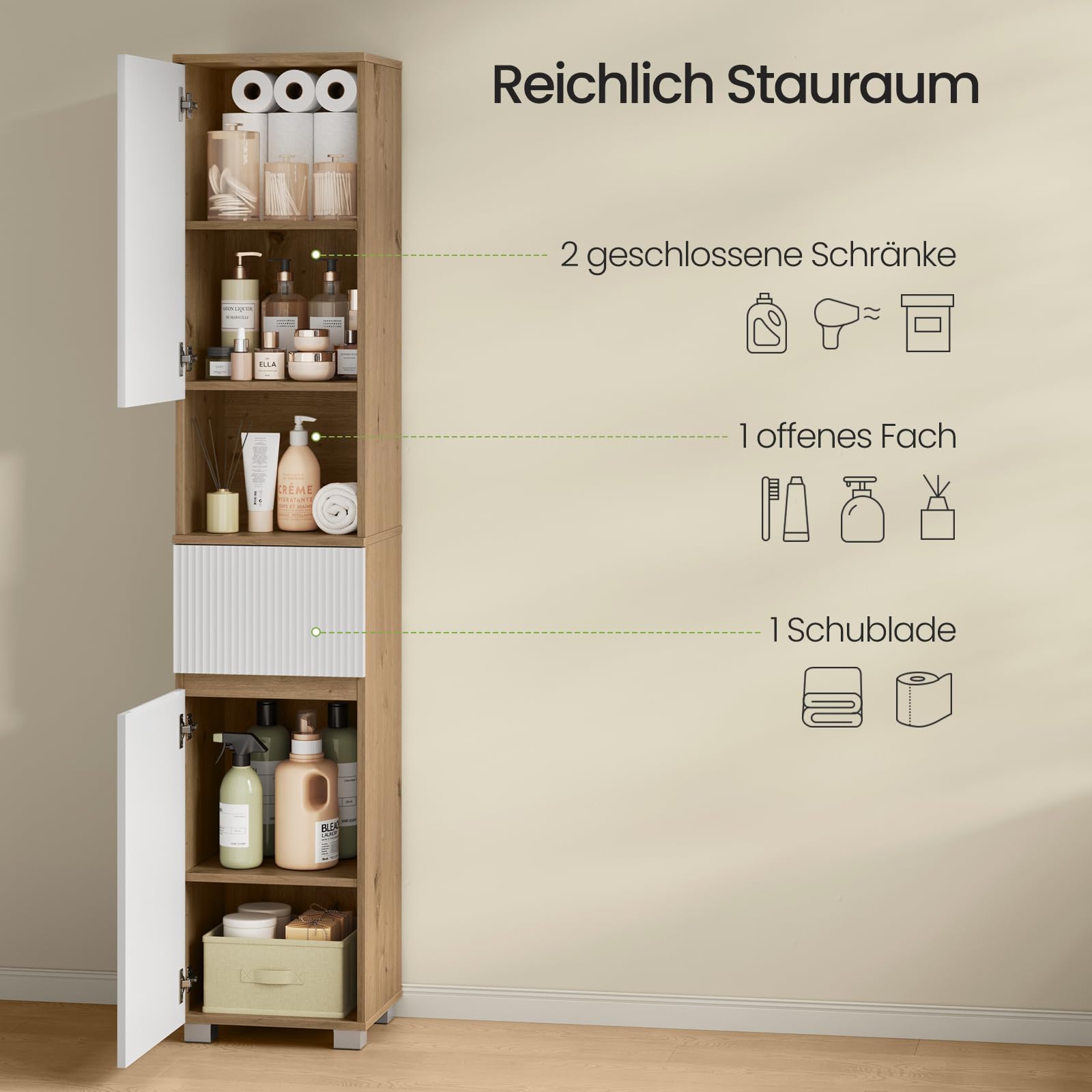 EUGAD Badezimmerschrank hoch, Badschrank schmal, mit 2 Türen, 1 offenem Fach, 1 Schublade, verstellbaren Einlegeböden, 35 x 176,5 x 30 cm, für Badezimmer Wohnzimmer Küche, Weiß + Braune Holzoptik