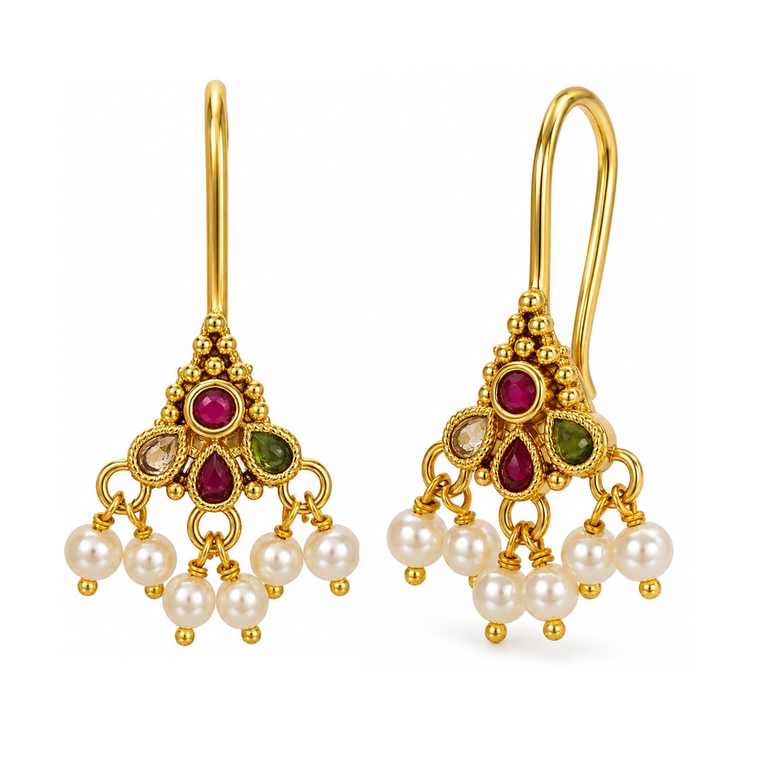 vama FASHIONS 18K Gold Plated Traditional Bugadi Maharashtrian Marathi Stone Pearl Beaded Traditional Long Hook Drop Earrings Ethnic Designer Jewellery for Women-picture-19