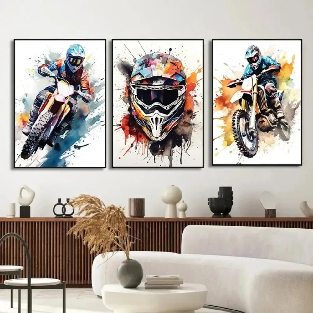 HURCP Set Of 3 Canvas Poster Graffiti Dirt Bike Motocross Motorcycle Motorbike Images Wall Art Painting Gift Boy Bedroom Living Room Dorm Gallery Corridor Decor Picture Prints,30x40 CM (11.8x15.8 In)