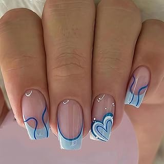 24 Stück French Press on Nails Kurz, Blauer Nägel zum Aufkleben, Wiederverwendbare Künstliche Nägel Fingernägel, Liebe French Künstliche Fingernägel, Fake Nails Press on für Frauen Geschenk