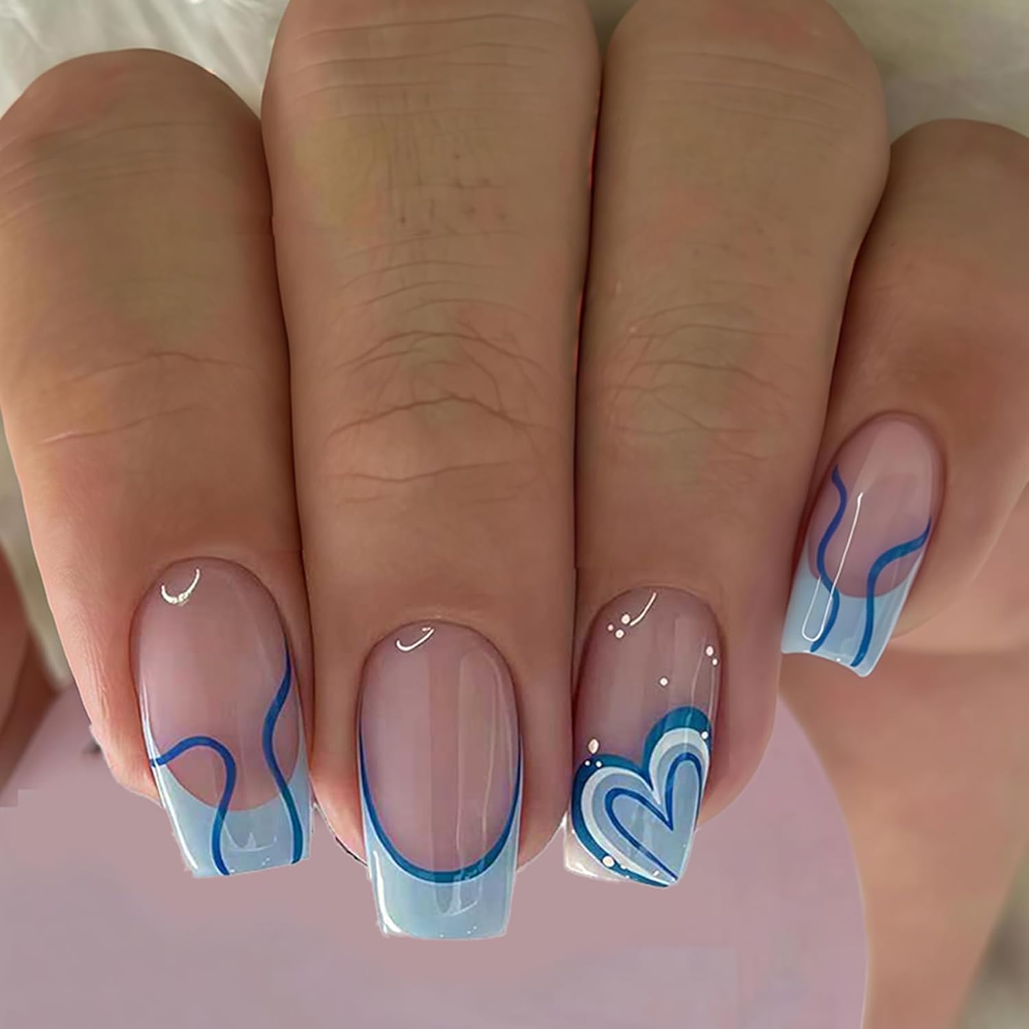 Pack of 24 French Press On Nails Short Blue Nails for Sticking Reusable Artificial Nails Fingernails Love French Artificial Fingernails Fake Nails Press On for Women Gift