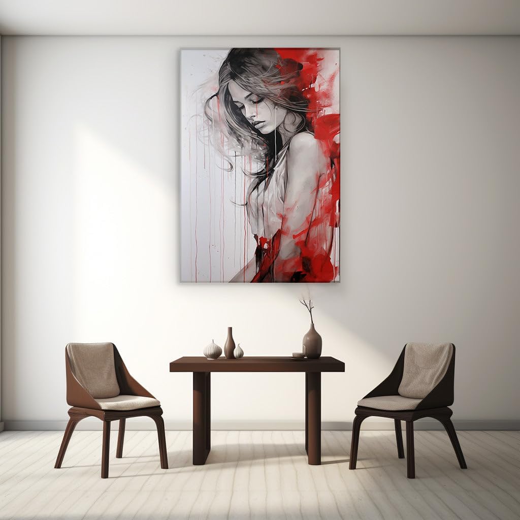 Canvas for Living room. Shades of Sorrow: The Evocative Dance of Color in a Woman's Melancholic Repose, 27 x 18 inch Canvas Wall Art - Ready to Hang - 69x46 cm (27x18 inch)