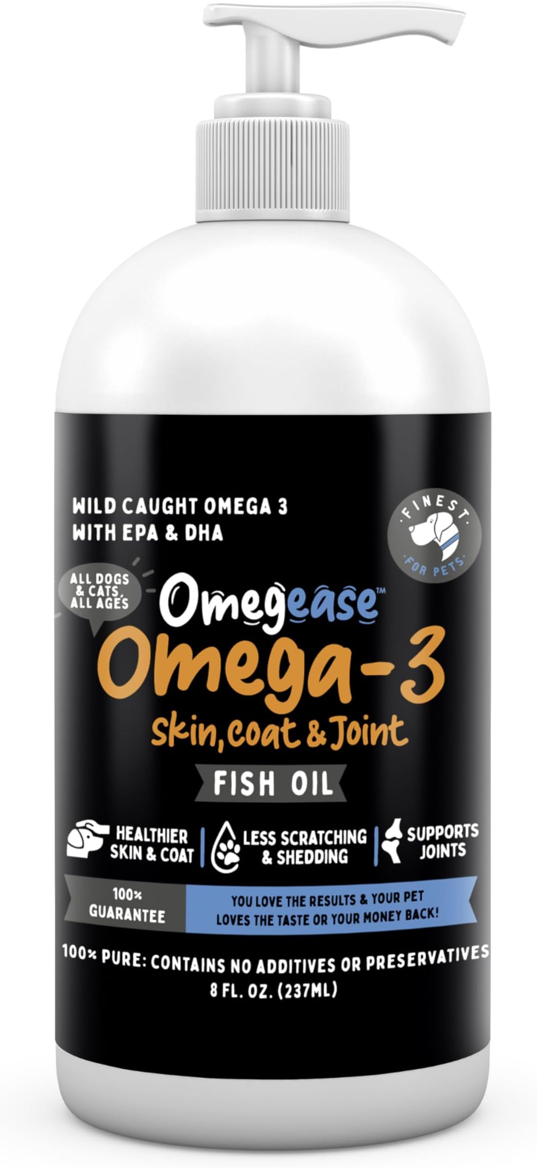 Finest For Pets 100% Pure Omega 3, 6 & 9 Fish Oil for Dogs and Cats. Relieves Scratching & Joint Pain. Improves Skin, Coat, Immune & Heart Health. Rich in EPA + DHA Fatty Acids Made in USA