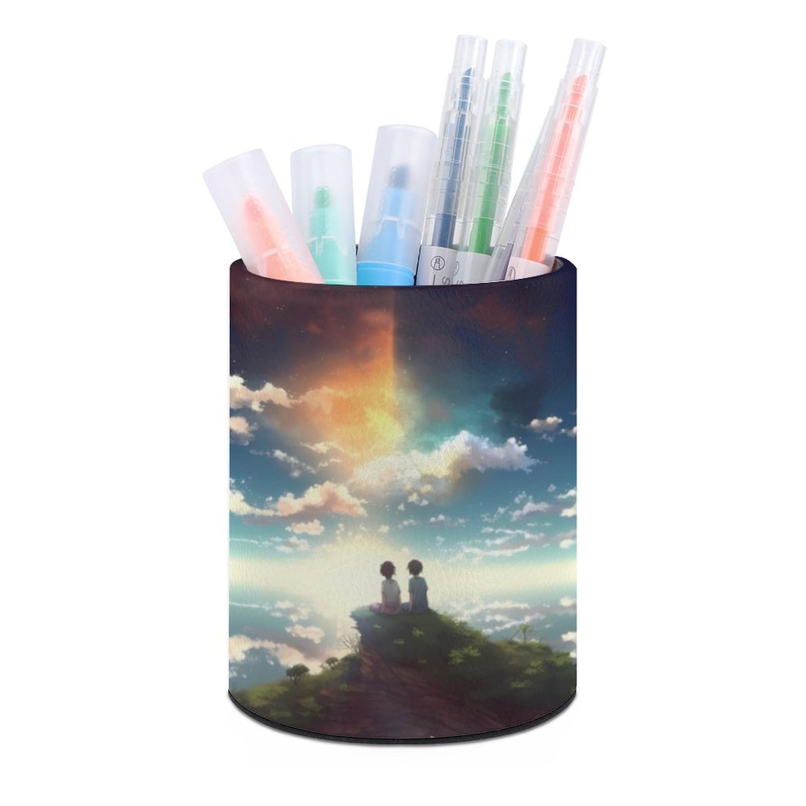 JTREHY Round Pen Holder,Anime Sky Printed Makeup Brush Storage Box Desktop Stationery Storage Cup Office Accessories Storage Box Pencil Storage Box for Home Office Dressing Table