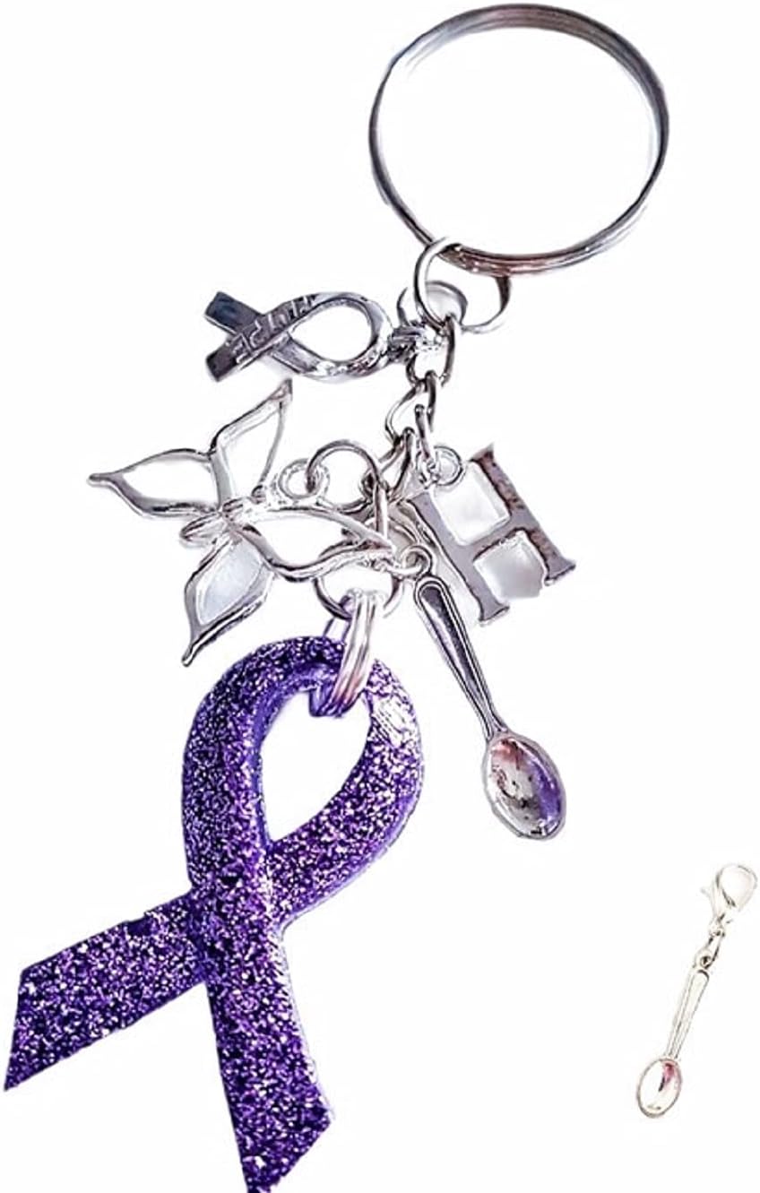 Handmade Personalised Initial Fibromyalgia Purple Resin Glitter Awareness Ribbon Charm Keyring with Butterfly Hope Spoon Bag Charm