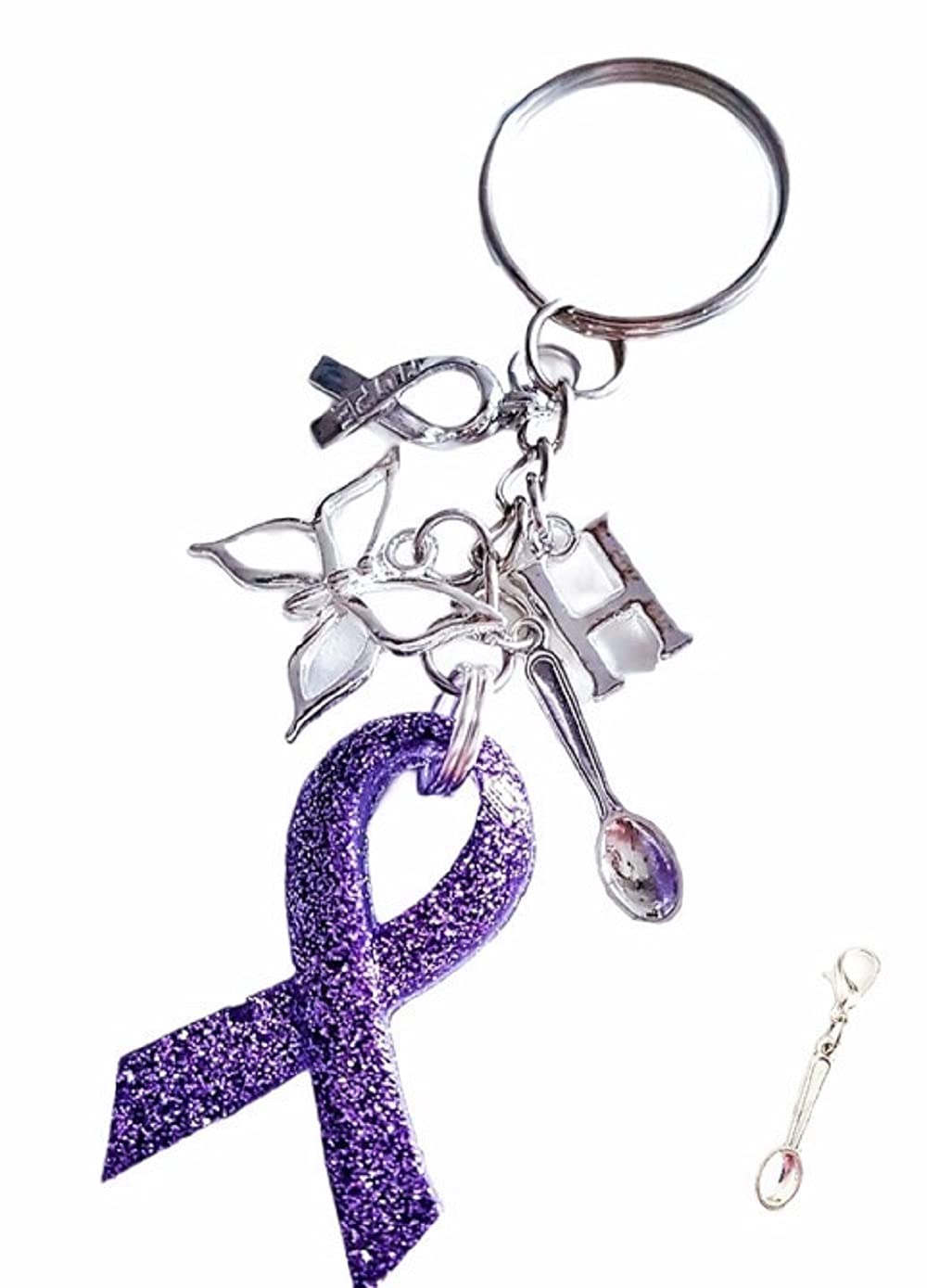 Personalised Initial Fibromyalgia Purple Resin Glitter Awareness Ribbon Charm Keyring with Butterfly Hope Spoon Bag Charm
