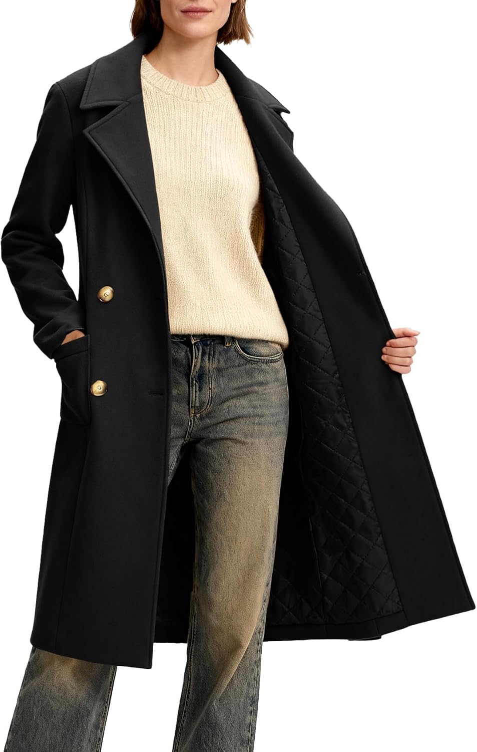 Women's Winter Double-Breasted Long Overcoat, Classic Trench Coat, Casual Notch Lapel Outwear - Image 5