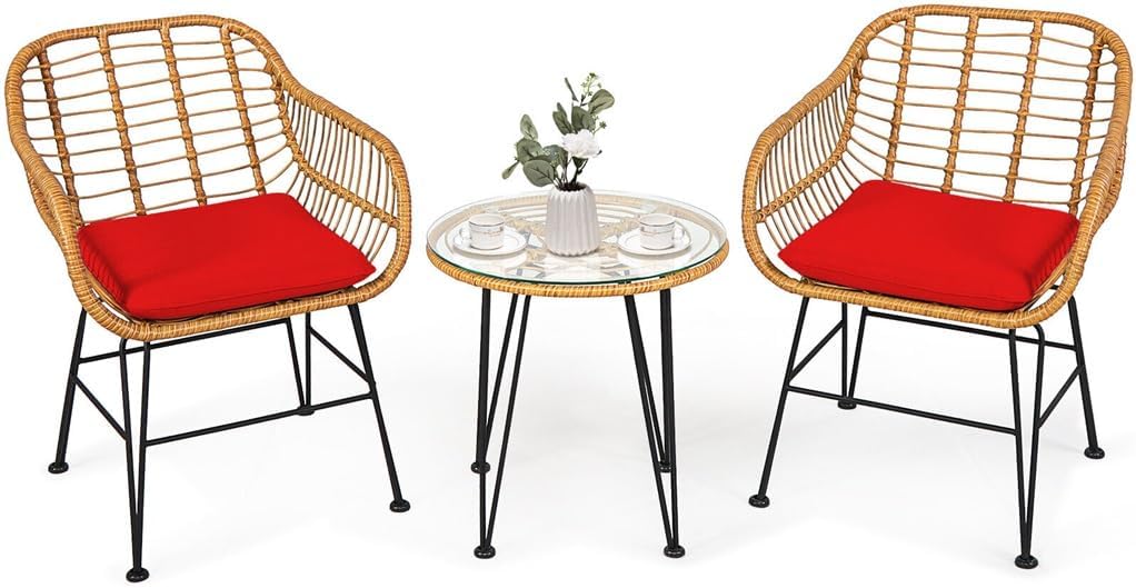 3PCS Patio Bistro Rattan Furniture Set Cushioned Chair W/Table Red