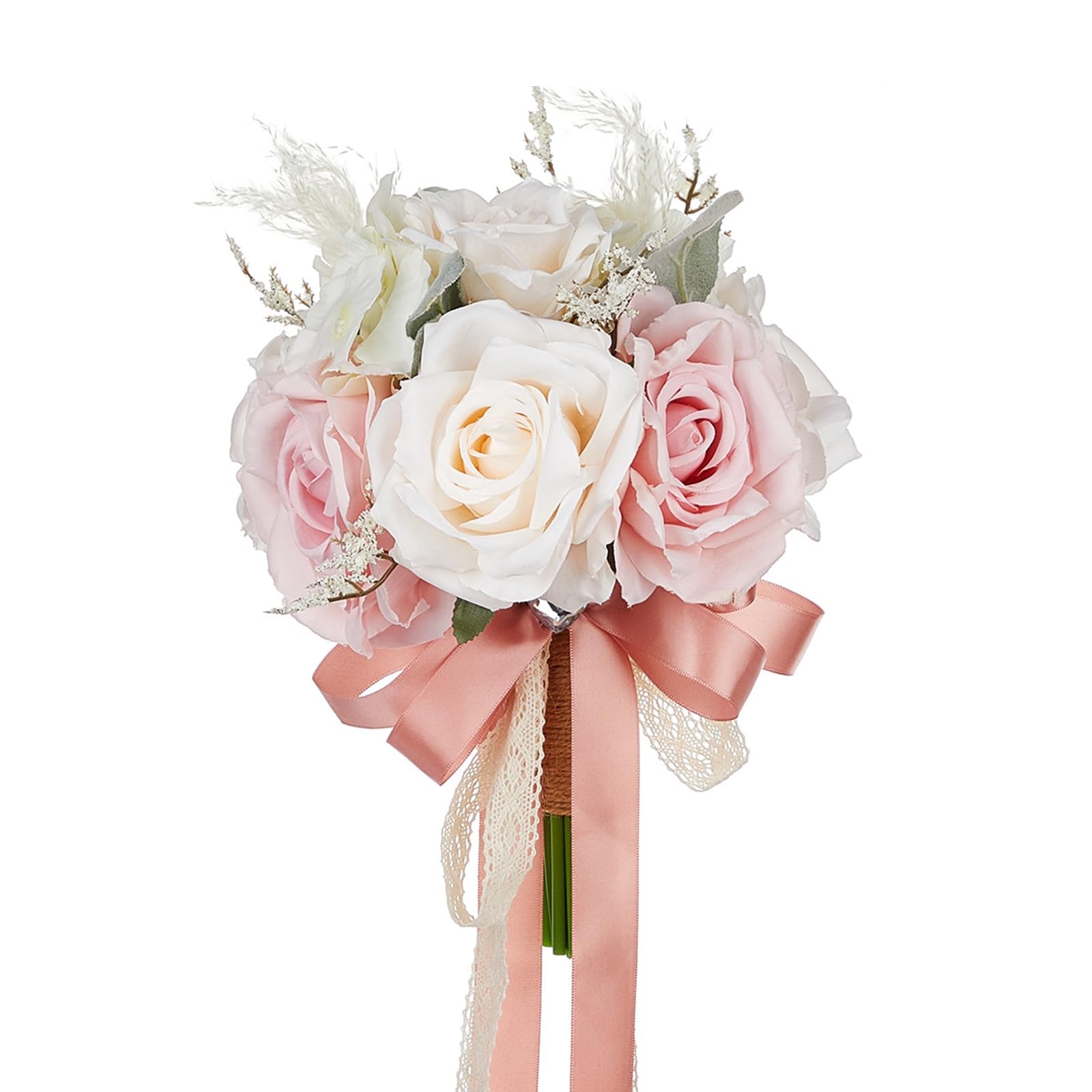 Wedding Bouquets For Bride, Rose Bridal Bouquets for Bride with Silk Ribbon, Artificial Flower Bouquet for Wedding, Bridesmaid Bouquets for Valentine's Day Ceremony Church Decor (Champagne Pink)