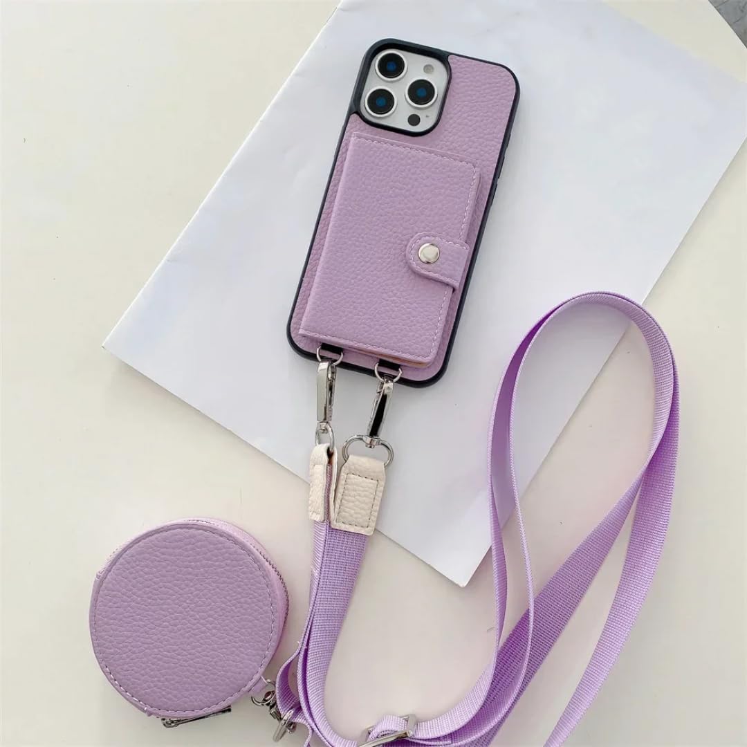 Custodia protettiva in pelle per iPhone 16 con portafoglio a tracolla, porta carte e portamonete (per iPhone 16/viola chiaro)
