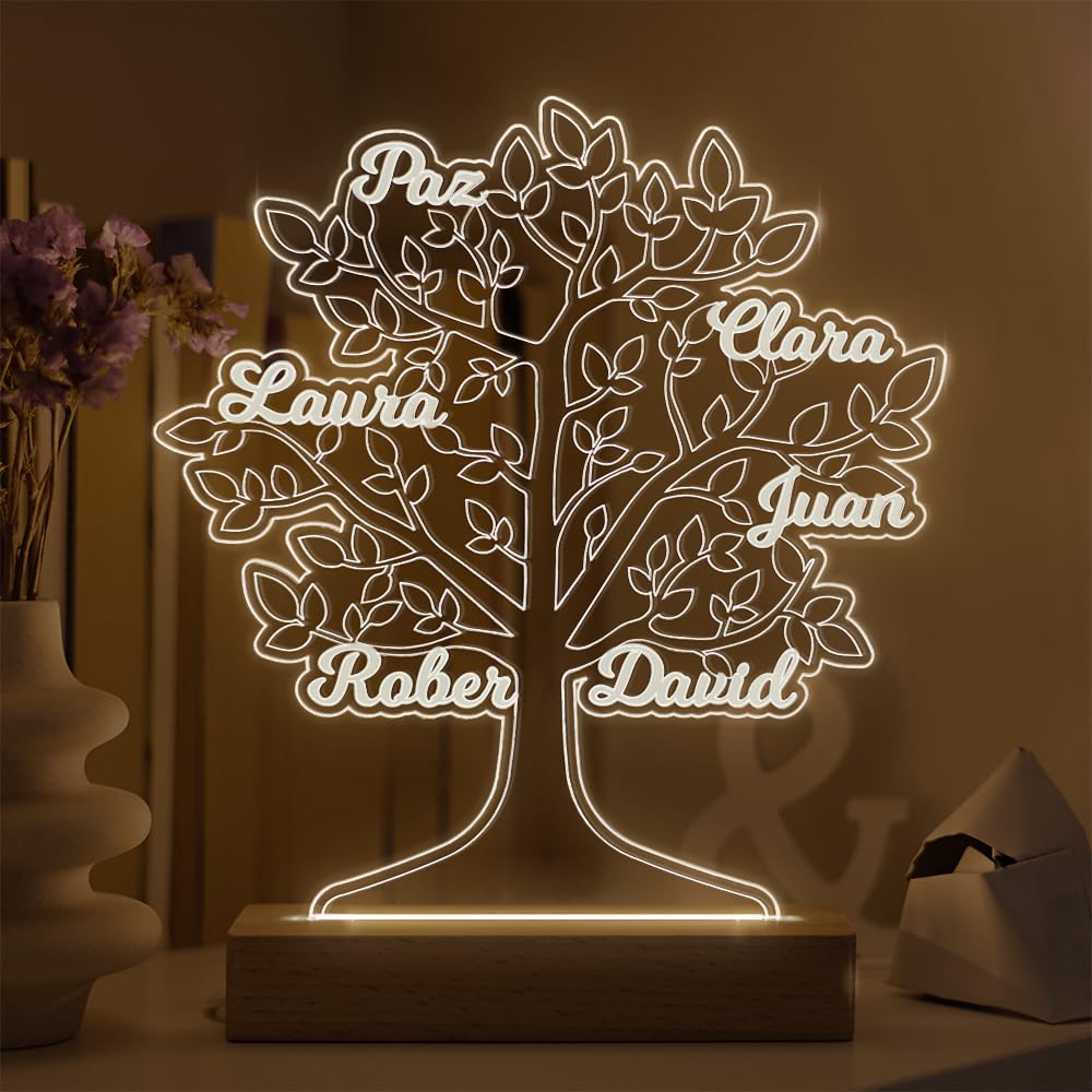 Transparent Gift Lámpara Personalizada con Nombres Árbol de la Vida. Lámparas Personalizadas Metacrilato y Madera Luz L…