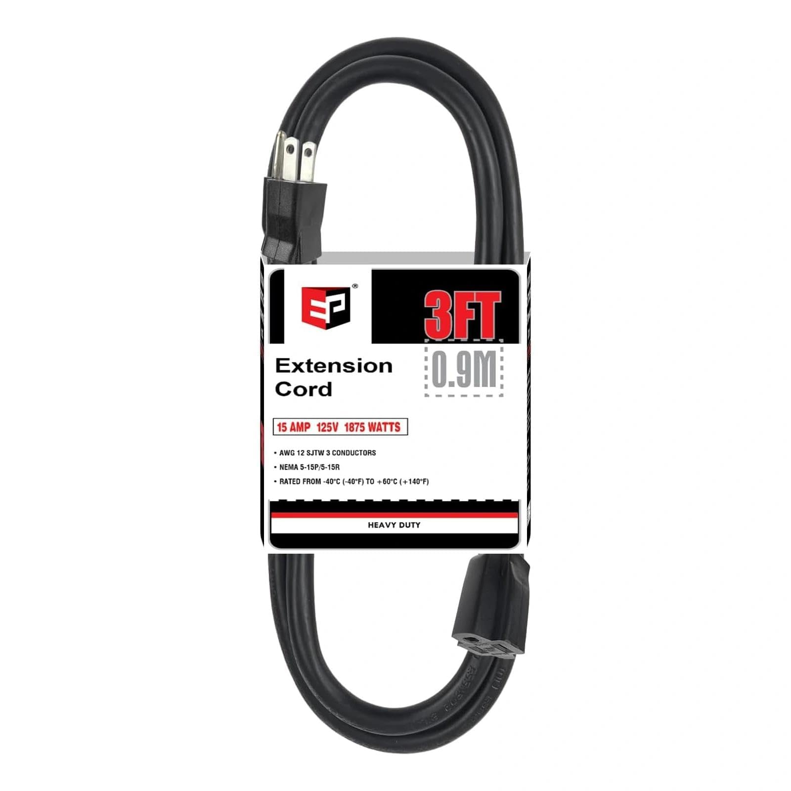 EP 3 Ft Outdoor Extension Cord - 12/3 SJTW Heavy Duty Black Extension Cable with 3 Prong Grounded Plug - Power Cord for Lawn, Garden, Appliances