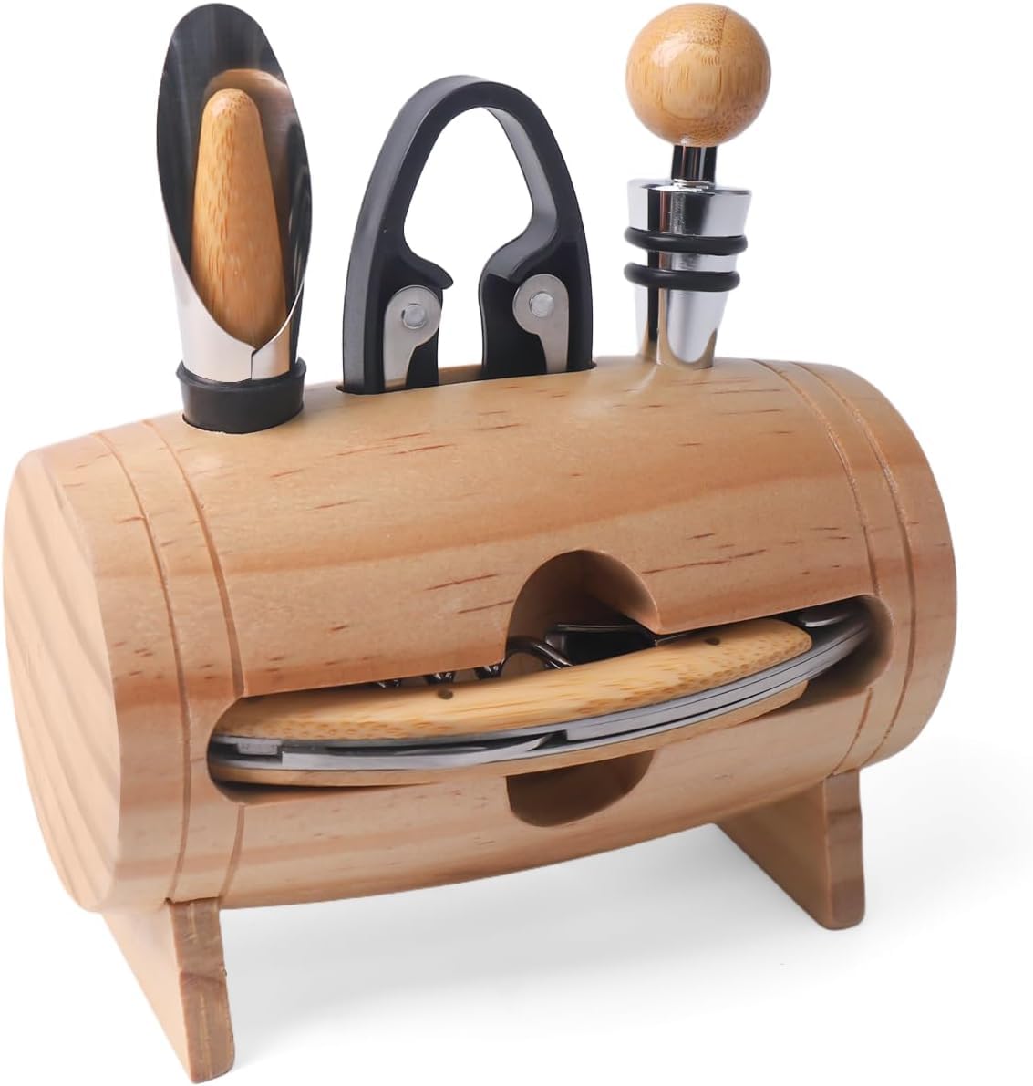 Weinzubehör Set mit Korkenzieher, Folienschneider, Ausgießer und Stopper - Elegantes Holzfass für Sommelier-Geschenke