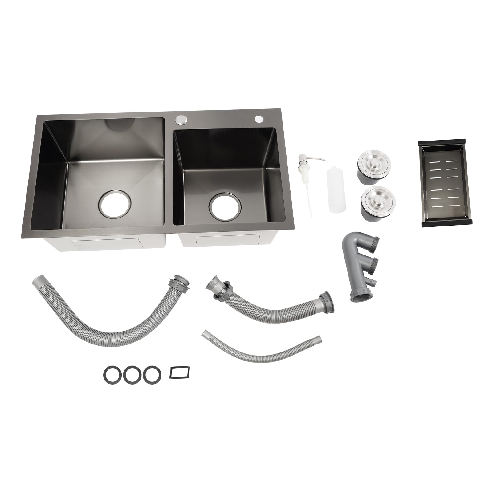Lavello da cucina indipendente, 2 vasche in acciaio inox, 78 x 43 x 22 cm, in acciaio inox, con dispenser di sapone, per cucina e ristoranti
