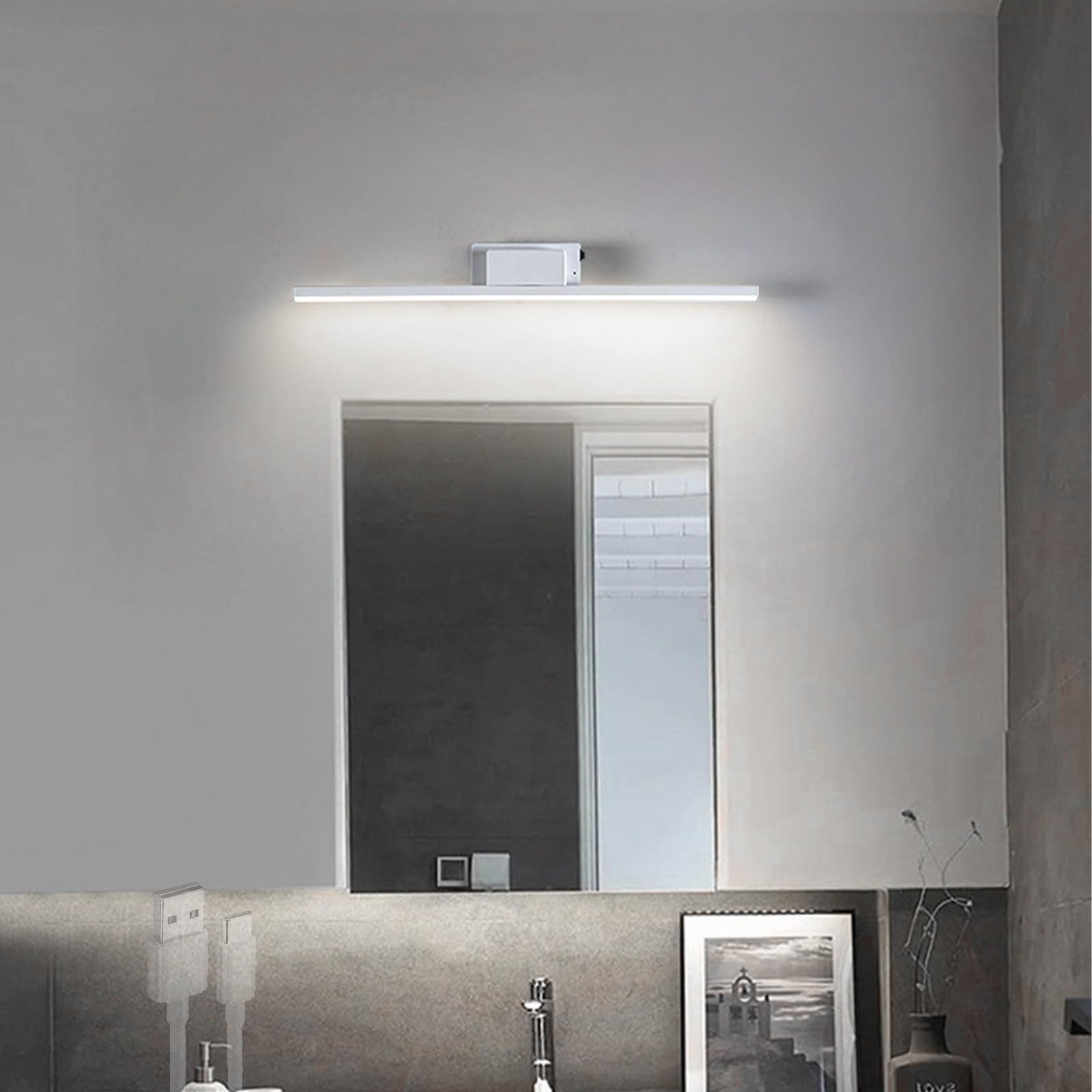 Lampada da parete a LED ricaricabile per bagno e camera da letto, applique magnetica regolabile a 360°, funzionamento a batteria, con interruttore, ideale per specchi e bersagli (luce bianca, 40 cm)