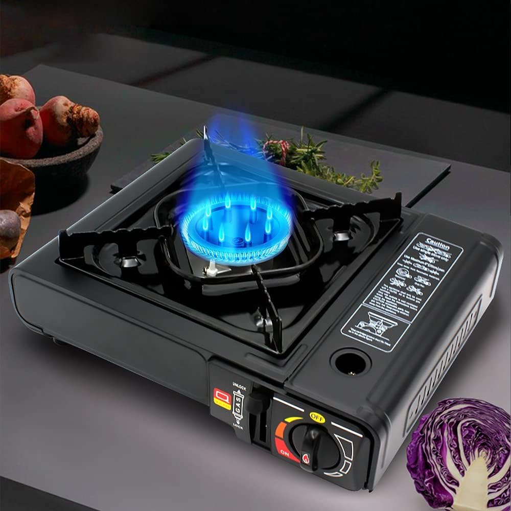 Fornello da campeggio a gas, doppio attacco Bombola GPL o cartuccia Gas Butano, con valigetta portatile, 4 cartucce Incluse, 1 fuoco, potenza 2.200W, fornello outdoor cucina per esterno