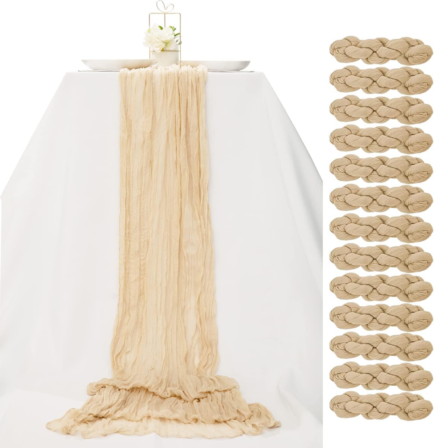 Photo 1 of 12 Pcs 13FT Beige Cheesecloth Table Runner 35x160 Inch Gauze Table Runner,Vintage Gauze Table Runner Boho Tablecloth,Rustic Romantic Wedding Runner