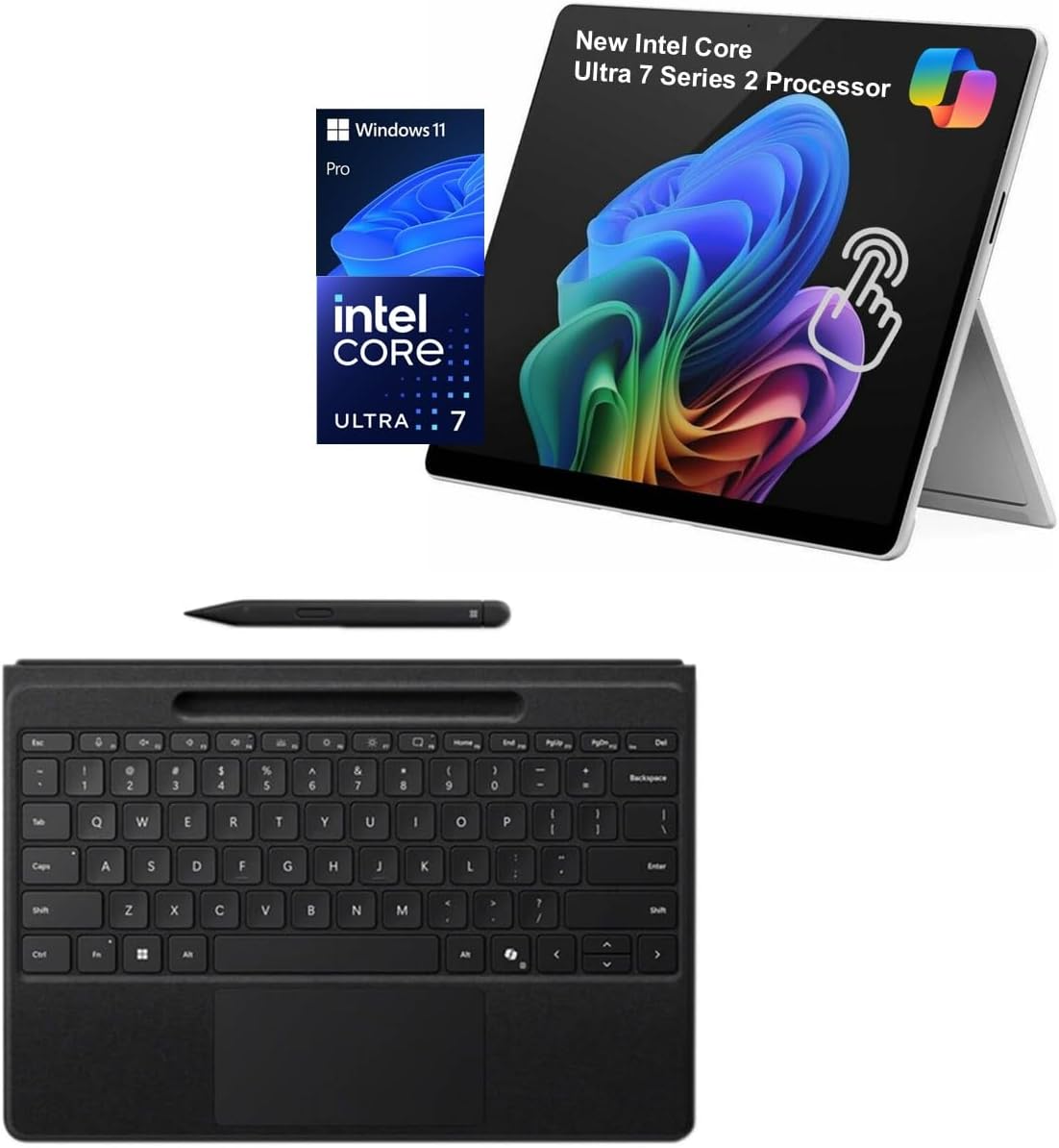 Microsoft Surface Pro 11 Bundle, 2-in-1 Tablet with Black Flex Keyboard and Slim Pen, Copilot+ PC, 13″ Touchscreen 600nits, Intel Ultra 7 Series 2 266V AI Boost NPU, 16GB RAM, 2TB SSD, Win 11 Pro