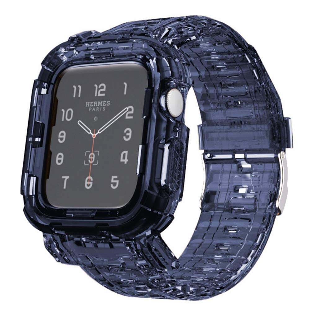 Tomcrazy Updated Large Wrists Transparent Integrated Watch Bands Case for Apple Watch Series 9 8 7 6 SE 5 4, iWatch45mm 41mm 44mm 40mm Clear Watch Strap Bumper (Crystal Royal blue, 45mm/44mm/42mm)