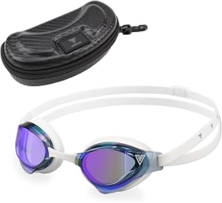 V ATHLETICA Unisex Adult and Youth Racing Swim Goggles and Case (White-Blue)