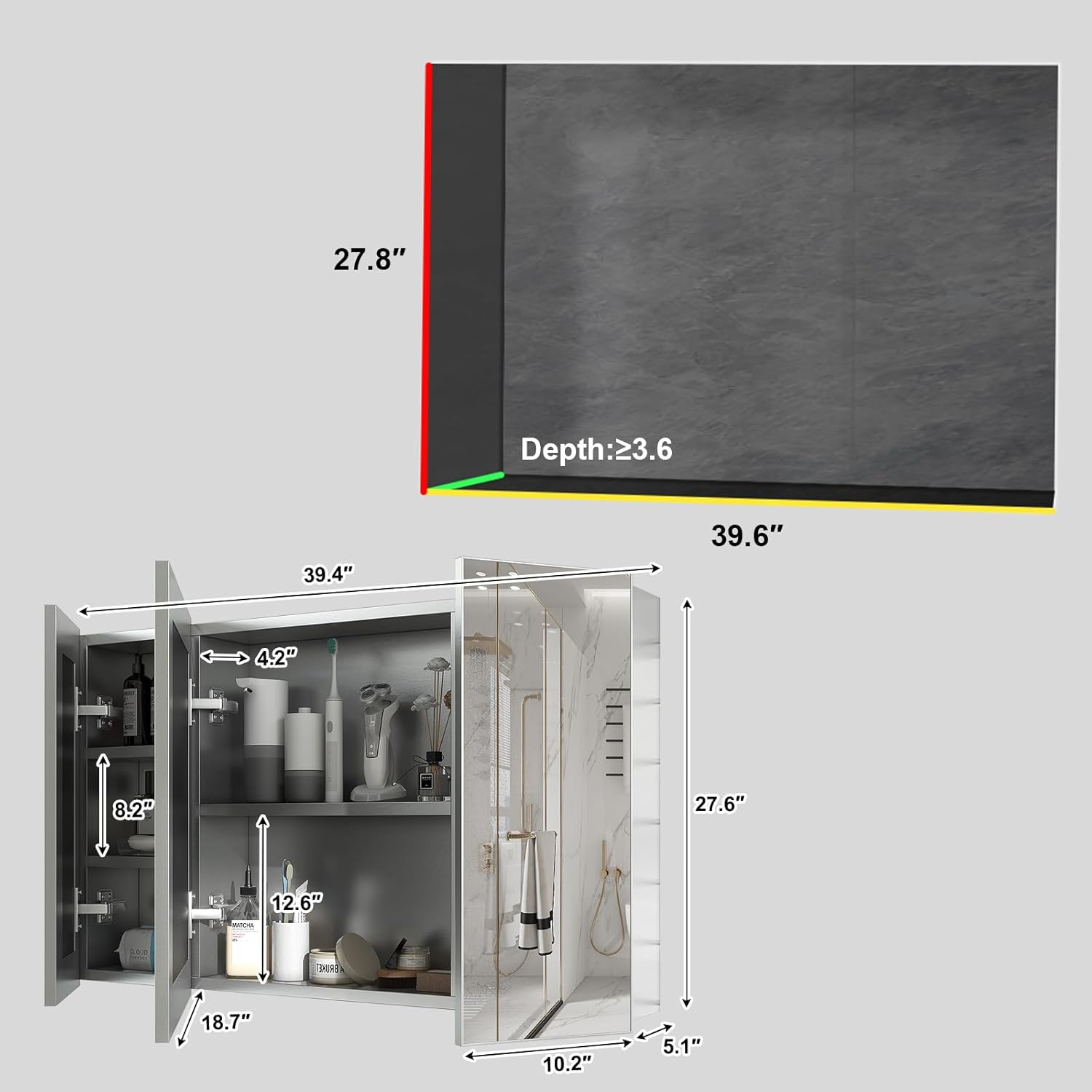 Medicine Cabinet Mirror with Storage - 28x40 Inch Pre-Assembled Medicine Cabinets Mirror for Bathroom, Surface/Recessed Wall Mounted Farmhouse Large Medicine Cabinet, Sliver