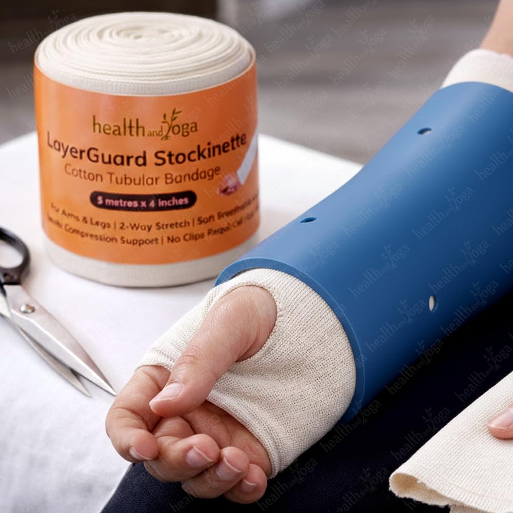 HealthAndYoga® LayerGuard Cotton Stockinette- Off-White (Roll-5 meter, Sleeve-4 inches)- Tubular Stretch Bandage for Arms & Legs- Fracture Plaster Dressing Layer, Absorbs Sweat, Sprain support- Cut & Wear